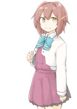 1girl akara_kai aqua_bow aqua_bowtie blazer bow bowtie brown_hair commentary cosplay cowboy_shot dress furutaka_(kancolle) glowing glowing_eye grey_jacket hair_ornament hairclip halter_dress halterneck highres jacket kantai_collection looking_at_viewer purple_dress school_uniform shirt short_hair smile solo white_background white_shirt yellow_eyes yuugumo_(kancolle) yuugumo_(kancolle)_(cosplay) yuugumo_kai_ni_(kancolle) yuugumo_kai_ni_(kancolle)_(cosplay)