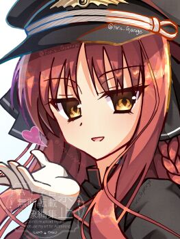 Rule 34 | 1girl, :d, black hat, black jacket, blowing kiss, braid, commentary request, dracu-riot!, foris gyaruge, gloves, hand up, hat, heart, highres, jacket, long hair, long sleeves, looking at viewer, open mouth, peaked cap, portrait, red hair, simple background, single braid, smile, solo, tsurime, twitter username, watermark, white background, white gloves, yarai miu, yellow eyes