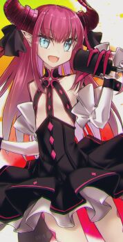 1girl bare_shoulders black_dress blue_eyes blush commentary_request curled_horns dragon_girl dragon_horns dress elizabeth_bathory_(fate) elizabeth_bathory_(fate/extra) fate/extra fate_(series) flat_chest hair_ribbon halter_dress halterneck highres horns layered_skirt long_hair looking_at_viewer microphone open_mouth pink_hair pointy_ears ribbon skirt smile solo thighs two_side_up white_skirt yubeshi_(zecxl)