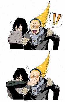 ! 2boys aizawa_shota artist_name black_eyes black_hair black_jacket black_shirt blonde_hair boku_no_hero_academia covering_another&#039;s_mouth facial_hair grey_scarf headphones highres jacket kaido_(kaido_ggg) long_hair male_focus medium_hair multiple_boys mustache_stubble notice_lines orange-tinted_eyewear present_mic raised_eyebrow scar scar_on_face scarf shirt simple_background smile spoken_exclamation_mark stubble teeth tinted_eyewear white_background