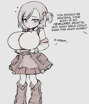 1girl alternate_breast_size_(larger) blush boots breasts dress embarrassed hair_bobbles hair_ornament huge_breasts looking_to_the_side monochrome open_mouth oppai_loli pldf recette_lemongrass recettear shirt short_hair side_ponytail simple_background