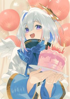 1girl :d amane_kanata amane_kanata_(1st_costume) angel angel_wings asymmetrical_bangs asymmetrical_hair balloon birthday black_dress blue_bow blue_bowtie blue_hair blush bob_cut bow bowtie cake candle colored_inner_hair commentary_request cropped_jacket dessert double-parted_bangs dress feathered_wings food frilled_cuffs frills from_below fruit grey_hair grey_jacket hair_between_eyes hair_over_one_eye halo hands_up highres holding holding_food holding_plate hololive indoors jacket koyo2023 long_sleeves looking_down looking_to_the_side mini_wings multicolored_hair no_nose open_mouth pink_streaks plate purple_eyes raised_eyebrows sailor_collar shirt short_hair sidelocks sideways_glance single_hair_intake sleeve_cuffs smile solo standing star_halo strawberry strawberry_cake streaked_hair tareme teeth tilted_halo turtleneck turtleneck_dress upper_body upper_teeth_only virtual_youtuber white_wings wide_sleeves wings