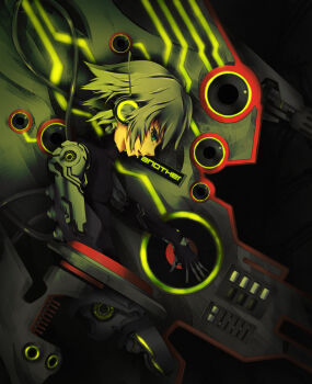 1boy amputee aqua_eyes bad_id bad_pixiv_id beatmania_iidx bemani cyborg green_hair headphones kimera male_focus phonograph solo soundboard turntable