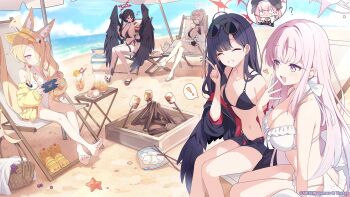 Rule 34 | !, <|> <|>, 6+girls, ?, animal ear fluff, animal ears, bare arms, bare legs, bare shoulders, barefoot, beach, beach umbrella, belt, bikini, black bikini, black hair, black hat, black one-piece swimsuit, black sandals, black shirt, black shorts, black wings, blonde hair, blue archive, blue sky, blush, breasts, cleavage, closed eyes, closed mouth, cloud, copyright logo, copyright name, copyright notice, crazy straw, crossed legs, cup, day, drinking straw, duplicate, english text, eyewear on head, feathered wings, food, fox ears, fox girl, fox tail, frilled bikini, frills, fruit, grin, hair behind ear, hair bun, hair over one eye, halo, hand up, handheld game console, hasumi (blue archive), hasumi (swimsuit) (blue archive), hat, head wings, heart, heart straw, highleg, highleg bikini, highleg one-piece swimsuit, highres, holding, holding cup, holding handheld game console, holding plate, horizon, ichika (blue archive), ichika (swimsuit) (blue archive), koharu (blue archive), large breasts, logo, long bangs, long hair, looking at another, looking at viewer, low wings, marshmallow, mika (blue archive), mika (swimsuit) (blue archive), misyune, multiple girls, nagisa (blue archive), nagisa (swimsuit) (blue archive), navel, ocean, official alternate costume, official alternate hairstyle, official art, one-piece swimsuit, open fly, open mouth, orange (fruit), orange slice, outdoors, parfait, pink eyes, pink hair, plate, purple halo, red eyes, red halo, roasted marshmallow, sandals, seia (blue archive), seia (swimsuit) (blue archive), shirt, shorts, side ponytail, sitting, sky, small breasts, smile, spoken character, spoken exclamation mark, stomach, sunglasses, swimsuit, tail, teacup, twintails, umbrella, unworn sandals, visor cap, white bikini, white one-piece swimsuit, white sandals, white wings, wings, yellow eyes, yellow halo, yellow sandals