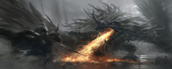 1boy absurdres armor battle bloody_wolf_(elden_ring) breastplate breath_weapon breathing_fire dragon dragon_horns dragon_wings elden_ring fire flying_dragon_agheel full_armor helm helmet highres holding holding_sword holding_weapon horns horse horseback_riding leo-dont-want-to-be-a-painter long_hair riding shoulder_armor sword tarnished_(elden_ring) torrent_(elden_ring) weapon white_hair wings