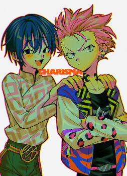 2boys belt black_eyes black_hair black_shirt blush charisma_house closed_mouth collarbone commentary_request crossed_arms ear_piercing green_pants grey_eyes hands_on_another's_shoulders highres jacket long_sleeves looking_at_viewer male_focus menma_(enaic31) motohashi_iori multiple_boys open_clothes open_jacket open_mouth pants piercing pink_hair sarukawa_kei shirt simple_background smile teeth tongue unmoving_pattern upper_teeth_only white_background