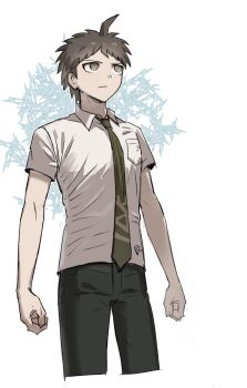 1boy ahoge brown_hair brown_pants closed_mouth collared_shirt danganronpa_(series) danganronpa_2:_goodbye_despair green_necktie highres hinata_hajime looking_up male_focus necktie pants shirt short_hair short_sleeves solo ttong_(ttong392730) white_background