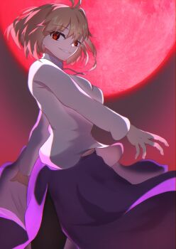 1girl ahoge arcueid_brunestud blonde_hair breasts commentary_request floating_clothes floating_hair full_moon hair_intakes highres jewelry looking_at_viewer moon necklace pantyhose purple_skirt red_arcueid red_eyes red_moon red_sky short_hair side_slit skirt sky smile solo_focus sweater taketsuki_217 thighs tsukihime tsukihime_(remake) turtleneck turtleneck_sweater wavy_hair white_sweater