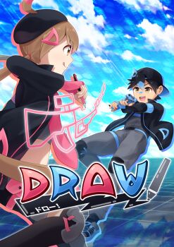 Rule 34 | 1boy, 1girl, :d, absurdres, backwards hat, baseball cap, beret, binary, black hair, black hat, black jacket, black thighhighs, blue gloves, blue hair, blue sky, brown eyes, brown hair, cloud, copyright request, day, drawing (action), fingerless gloves, gloves, goom (goomyparty), grey pants, grey shirt, grey shoes, hat, highres, holding, holding pen, jacket, knee pads, long hair, low twintails, multicolored hair, open clothes, open jacket, open mouth, outdoors, over-kneehighs, pants, pen, pink gloves, shirt, shoes, sky, smile, teeth, thighhighs, twintails, two-tone hair, upper teeth only, very long hair