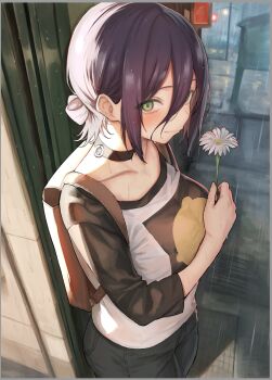 1girl b-ginga backpack bag black_choker black_hair black_shirt breasts chainsaw_man choker closed_mouth commentary_request dandelion flower green_eyes grenade_pin hair_between_eyes hair_bun highres holding holding_flower large_breasts looking_at_viewer outdoors rain reze_(chainsaw_man) shirt smile solo taking_shelter two-tone_shirt wet wet_clothes wet_shirt white_shirt