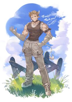 Rule 34 | 1boy, absurdres, arm belt, arm warmers, ayacho, bandaged arm, bandages, bara, bell, black tank top, brown eyes, brown hair, cloud, collar, commentary request, commission, covered abs, cow boy, cow horns, cow tail, earrings, facial scar, fence, full body, gloves, grass, grey pants, grey shorts, hand in pocket, highres, horns, huge pectorals, jewelry, layered clothes, looking at viewer, male focus, muscular, muscular male, one eye closed, original, outdoors, pants, pectoral cleavage, pectorals, pointy ears, scar, scar across eyebrow, scar on cheek, scar on face, shirt, shoes, shorts, signature, sky, smile, sneakers, solo, spiked hair, taejun (mogu), tail, tank top, thank you, v-taper, waving, white shirt