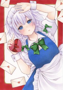 Rule 34 | 1girl, absurdres, apron, back bow, blue dress, blue eyes, blush, border, bow, bowtie, box, braid, collared shirt, commentary, dress, frilled apron, frills, green bow, green bowtie, grey hair, hair bow, heart-shaped box, highres, holding, holding box, izayoi sakuya, letter, long hair, maid, maid headdress, pinafore dress, pink nails, puffy short sleeves, puffy sleeves, red border, shirt, short sleeves, sleeveless, sleeveless dress, solo, touhou, twin braids, untranslatable commentary, waist apron, white apron, white bow, white shirt, wrist cuffs, yuuki hana (jtnp5334)