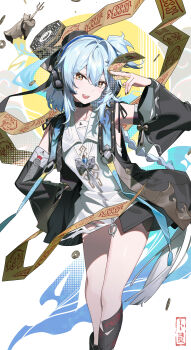 1girl absurdres airseal arm_up bad_source black_jacket black_nails blue_hair buling_(wuthering_waves) chinese_commentary coin commentary_request detached_sleeves dress fingernails hair_between_eyes headphones highres holed_coin jacket long_hair looking_at_viewer nail_polish ofuda open_mouth side_ponytail smile solo thighs white_dress wuthering_waves yellow_eyes yin_yang