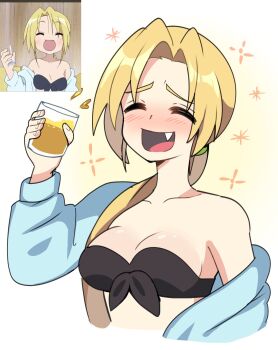 Rule 34 | 1girl, alcohol, anime screenshot inset, bare shoulders, bbycheese, beer, beer glass, bikini, black bikini, blonde hair, blush stickers, bra, breasts, closed eyes, cup, drunk, fang, fang out, highres, holding, holding cup, kuroi nanako, long hair, low ponytail, lucky star, medium breasts, open clothes, open mouth, ponytail, raised inner eyebrows, screenshot inset, simple background, solo, sparkle, strapless, strapless bra, swimsuit, underwear, upper body, white background