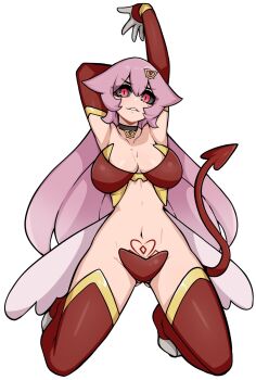 1girl arm_behind_head arm_up black_choker black_sclera bra breasts choker colored_sclera commentary commission demon_tail double-parted_bangs elbow_gloves english_commentary full_body gloves gluteal_fold hair_between_eyes hair_ornament heart heart_choker heart_hair_ornament highres kneeling large_breasts long_hair looking_at_viewer low_wings mole mole_under_eye navel oninuer original parted_lips pink_hair pubic_tattoo red_bra red_eyes red_gloves red_thighhighs revealing_clothes simple_background slit_pupils solo stomach strapless strapless_bottom strapless_bra tail tattoo thighhighs underwear white_background wings