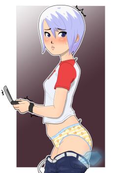 1boy 1girl another_code ashley_mizuki_robbins belt blue_eyes blush body_blush breasts clothes_pull cottonkeystrokes d_(another_code) denim embarrassed ghost handheld_game_console highres hip_bones midriff navel nintendo nintendo_ds panties pants pants_pull patterned_clothing pulling_another's_clothes shiny_skin shirt short_hair small_breasts striped_clothes striped_panties t-shirt thighs underwear white_hair wristband