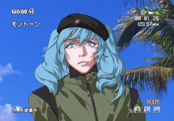 1girl alternate_costume aqua_eyes aqua_hair black_hat blue_sky che_guevara closed_mouth commentary_request cuba day expressionless gollier1551 green_jacket hat hatsune_miku highres jacket long_hair looking_at_viewer outdoors palm_tree recording sky solo tree twintails upper_body vocaloid worldwide_miku