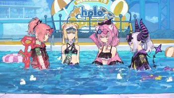 4girls absurdres animal_ears blonde_hair blue_eyes bow breasts chest_harness choker demon_girl demon_horns demon_tail double_bun eyewear_on_head glasses hair_bow hair_bun hakui_koyori hakui_koyori_(holonatsu_paradise) harness heterochromatic_eyewear highres hololive holonatsu_paradise holox horns inflatable_armbands jacket kazama_iroha kazama_iroha_(holonatsu_paradise) la+_darknesss la+_darknesss_(holonatsu_paradise) long_sleeves midriff multiple_girls navel pink_eyes pink_hair ponytail pool shiloroshi short_hair swimsuit tail takane_lui takane_lui_(holonatsu_paradise) tinted_eyewear virtual_youtuber visor_cap water_gun white_hair yellow_eyes