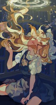 1girl black_hat black_skirt black_socks black_vest blonde_hair bookshelf buttons commentary_request floating_hair foot_out_of_frame hat head_back highres kirisame_marisa leaf long_hair magic_circle no_shoes open_mouth puffy_short_sleeves puffy_sleeves shinjitsu_no_kuchi shirt short_sleeves sitting skirt skirt_set smile socks solo touhou vest wariza white_shirt witch_hat yellow_eyes