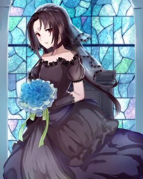 Rule 34 | 1boy, black dress, black gloves, black hair, blue flower, bouquet, bridal veil, choker, collarbone, commentary request, crossdressing, crossdressing (mtf), dress, elbow gloves, facial mark, fire emblem, fire emblem: path of radiance, flower, forehead mark, gloves, holding, holding bouquet, indoors, kuroineko8822, long hair, looking at viewer, male focus, nintendo, parted lips, red eyes, solo, soren (fire emblem), stained glass, variant set, veil, wedding dress