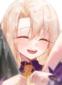 1boy 2girls absurdres ascot blonde_hair blush closed_eyes emiya_kiritsugu fate/stay_night fate_(series) father_and_daughter highres illyasviel_von_einzbern irisviel_von_einzbern kaze_22 long_hair mother_and_daughter multiple_girls open_mouth smile solo_focus teeth upper_body upper_teeth_only yellow_ascot