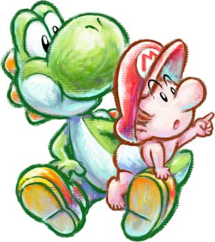 2boys baby baby_mario boots brown_boots brown_hair colored_skin diaper green_skin green_yoshi harada_masamichi hat looking_to_the_side mario mario_(series) multiple_boys nintendo official_art open_mouth pointing red_hat short_hair simple_background sitting third-party_source transparent_background yoshi yoshi&#039;s_new_island