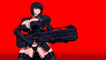 1girl akiranime animated animated_gif ankh ankh_zipper assault_rifle black_eyes black_hair black_panties black_thighhighs blue_fire blunt_bangs bob_cut bouncing_breasts breasts bursting_breasts casing_ejection cleavage cleavage_cutout cleopatra_(akiranime) clothing_cutout collar female_focus fire firing gloves gluteal_fold gun highres holding huge_breasts jiggle lace lace-trimmed_legwear lace-trimmed_panties lace_panties lace_trim lingerie machine_gun muzzle_flash narrow_waist open_clothes original panties revealing_clothes rifle shell_casing short_hair solo thigh_gap thighhighs underwear unzipped upper_body weapon white_fire zipper