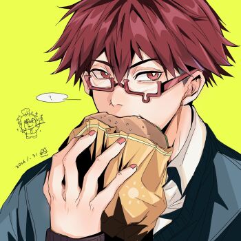 Rule 34 | 1boy, ?, boukyaku battery, burger, character request, chibi, chihaya shunpei, collared shirt, commentary, dated, eating, food, glasses, green background, hair between eyes, highres, holding, holding burger, holding food, looking at viewer, male focus, nekokop333, rectangular eyewear, red-framed eyewear, red eyes, red hair, red nails, semi-rimless eyewear, shirt, short hair, simple background, solo, spoken question mark, sweater, symbol-only commentary, teardrop-framed glasses, under-rim eyewear, white shirt
