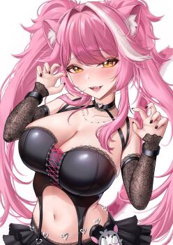 1girl animal_ears bare_shoulders black_choker black_corset black_nails black_skirt black_sleeves black_wrist_cuffs blush breasts bulging_eyes chattino_(raora_panthera) choker claw_pose cleavage collarbone commentary corset detached_sleeves english_commentary fangs fingernails hair_intakes heart heart_o-ring highres hololive hololive_english jewelry lace lace-trimmed_choker lace-trimmed_corset lace-trimmed_skirt lace_trim large_breasts layered_skirt long_hair long_sleeves looking_at_viewer multicolored_hair nail_polish navel necklace o-ring o-ring_choker open_mouth panther_ears panther_girl panther_tail pink_hair raora_panthera simple_background skirt sleeve_garter smile solo spider_web_pattern stomach streaked_hair tail teeth tongue twintails two-tone_hair velvet_noir virtual_youtuber white_background wrist_cuffs yellow_eyes