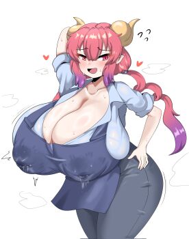 Rule 34 | 1girl, abrams (0abrams0), apron, arm behind head, arm up, blue apron, blue pants, blue shirt, blush, breasts, cleavage, curvy, denim, dragon girl, dragon horns, drill hair, fang, gigantic breasts, gradient hair, hair tie, hand on own hip, heart, horns, ilulu (maidragon), jeans, kobayashi-san chi no maidragon, lactation, lactation through clothes, long hair, low twintails, multicolored hair, open mouth, pants, partially unbuttoned, pointy ears, purple hair, red eyes, red hair, shirt, skin fang, slit pupils, smile, solo, sweat, twin drills, twintails, white background