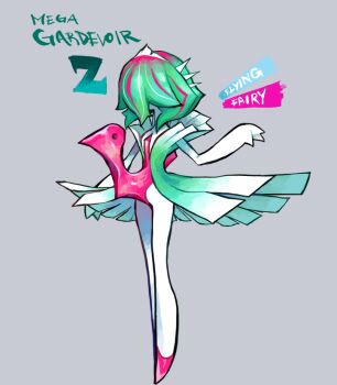 alternate_form character_name colored_skin commentary dress drizzlingprince english_commentary full_body gardevoir gen_3_pokemon gradient_clothes gradient_dress green_dress green_hair hair_over_eyes hand_up mega_pokemon_(other) multicolored_hair nintendo open_mouth pink_hair pokemon pokemon_(creature) pokemon_focus short_dress short_hair streaked_hair tiara two-tone_dress two-tone_hair white_dress white_skin