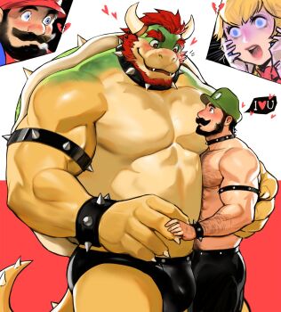 1girl 3boys alternate_facial_hair alternate_muscle_size bara beard blush bowser briefs broken_heart bulge couple cowboy_shot dopey_(dopq) eye_contact facial_hair fangs forked_eyebrows full_beard furry furry_with_non-furry hairy hand_on_another's_back heart highres holding_hands huge_eyebrows interspecies large_hands large_pectorals latex_underwear looking_at_another loving_aura luigi male_focus male_underwear mario mario_(series) mature_male multiple_boys muscular muscular_male nintendo nipples no_nipples paid_reward_available pectorals princess_peach screaming shell short_hair size_difference spiked_tail strongman_waist tail the_super_mario_bros._movie thick_arm_hair thick_beard thick_chest_hair thick_eyebrows thick_navel_hair topless_male underwear wide-eyed yaoi