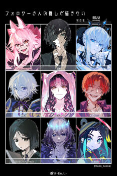 4girls 5girls absurdres black_hair black_jacket black_necktie blood blood_on_face blue_eyes blue_hair chainsaw_man choker closed_mouth eeju eyelashes eyepatch facial_mark fate/grand_order fate/zero fate_(series) forehead_mark green_eyes happy highres himeno_(chainsaw_man) jacket koyanskaya_(fate) morgan_le_fay_(fate) multiple_girls necktie oberon_(fate) oberon_(third_ascension)_(fate) open_mouth orange_eyes prince_of_lan_ling_(fate) rectangular_eyewear ringed_eyes sessyoin_kiara short_hair sidelocks smile taisui_xingjun_(fate) uryuu_ryuunosuke veil waver_velvet