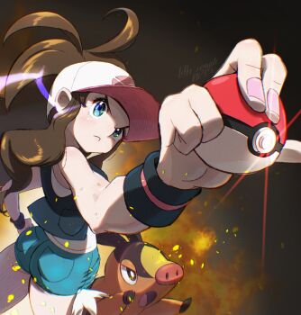 1girl ass black_vest blue_eyes blue_shorts brown_hair exposed_pocket foreshortening gen_5_pokemon h_renah highres hilda_(pokemon) holding holding_poke_ball long_hair nintendo poke_ball poke_ball_(basic) pokemon pokemon_(creature) pokemon_bw ponytail serious shirt short_shorts shorts tepig vest white_shirt