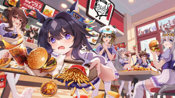 &gt;_&lt; 6+girls a_shui absurdres ahoge animal_ears apron aqua_eyes arm_up belly bottle bow braid braided_hair_rings bright_pupils brown_hair burger chair cheval_grand_(umamusume) chicken_(food) closed_eyes closed_mouth cola cup day disposable_cup drink drinking drinking_straw ear_bow ear_covers ear_ornament employee_uniform falling fast_food fast_food_uniform fisheye food foreshortening french_fries gentildonna_(umamusume) grey_hair greyscale hair_between_eyes hair_intakes hair_rings hairband hand_on_own_cheek hand_on_own_face hand_to_own_mouth hands_up hat highres holding holding_cup holding_food holding_own_wrist holding_tray horse_ears horse_girl horse_tail indoors ketchup ketchup_packet kfc kitasan_black_(umamusume) legs_apart long_hair looking_at_another medium_hair mejiro_mcqueen_(umamusume) mole mole_under_eye monochrome multicolored_hair multiple_girls no_shoes oguri_cap_(umamusume) one_eye_closed open_mouth outstretched_arm peaked_cap purple_eyes purple_hair purple_pupils red_eyes red_pupils rice_shower_(umamusume) school_uniform see-through_clothes see-through_thighhighs shirt short_sleeves single_ear_cover sitting skirt soda soda_bottle special_week_(umamusume) standing table tail tamamo_cross_(umamusume) thighhighs toes tokai_teio_(umamusume) tracen_school_uniform tray tripping twintails two-tone_hair umamusume verxina_(umamusume) very_long_hair vivlos_(umamusume) white_hair white_pupils white_thighhighs zettai_ryouiki