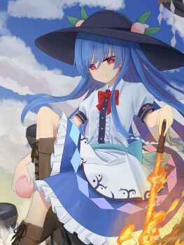 Rule 34 | 16sanrach, 1girl, absurdres, apron, black hat, blue hair, blue sky, boots, bow, bowtie, brown boots, chinese commentary, closed mouth, cloud, collared shirt, commentary request, day, food, frilled skirt, frills, fruit, hat, hat ornament, highres, hinanawi tenshi, holding, holding food, holding fruit, kaname-ishi, lace-up boots, leaf hat ornament, long hair, looking at viewer, peach, peach hat ornament, puffy short sleeves, puffy sleeves, rainbow order, red bow, red bowtie, red eyes, shirt, short sleeves, sitting, skirt, sky, smile, solo, sword, sword of hisou, touhou, very long hair, waist apron, weapon, white apron, white shirt