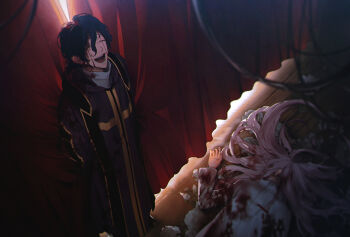 2boys ^_^ arms_behind_back black_hair blood blood_on_clothes blood_on_face bloody_tears blue_hair closed_eyes coat corpse cross cross_print crying curtain_grab curtains death duckchuni flower hair_between_eyes hatsutori_hajime highres korean_commentary long_hair long_sleeves lying male_focus mixed-language_commentary multiple_boys on_floor on_stomach open_mouth pink_hair rose saibou_shinkyoku short_hair stage stage_curtains standing stole turtleneck utsugi_noriyuki white_coat white_flower white_rose