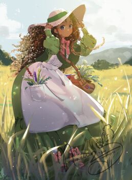 1girl adjusting_clothes adjusting_headwear apron arms_up artist_name backlighting bag bow bowtie brown_bag brown_hair commentary curly_hair dark-skinned_female dark_skin dated dress english_commentary flower full_body grass green_dress green_ribbon hat hat_ribbon highres long_hair long_sleeves looking_at_viewer nachoz_(nachozart) original outdoors pink_bow pink_bowtie pink_hat puffy_long_sleeves puffy_sleeves purple_eyes ribbon shoulder_bag signature solo sun_hat twitter_username wheat white_apron