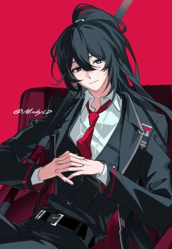 1boy aqua_eyes armchair belt black_belt black_coat black_eyes black_hair black_pants black_vest chair closed_mouth coat collared_shirt heterochromia high_ponytail highres holding holding_weapon hong_lu_(project_moon) lapels limbus_company long_hair long_sleeves looking_at_viewer male_focus mioky necktie notched_lapels open_clothes open_coat own_hands_together pants ponytail project_moon red_background red_necktie shirt simple_background sitting smile solo very_long_hair vest weapon white_shirt