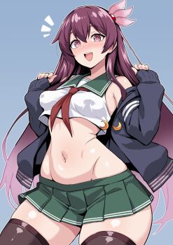 1girl black_socks black_thighhighs collar green_collar green_skirt highres kantai_collection kisaragi_(kancolle) kisaragi_kai_ni_(kancolle) kneehighs looking_at_viewer miniskirt navel off_shoulder open_mouth pleated_skirt purple_eyes purple_hair rakutosu school_uniform serafuku skirt smile socks solo teeth thick_thighs thighhighs thighs upper_teeth_only white_serafuku