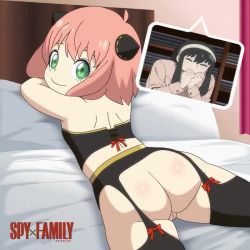 3girls animated anya_(spy_x_family) ass ass_shake audible_music bed cleft_of_venus divine_wine_(vampiranhya) female_focus green_eyes kyojiri_loli loli looking_at_viewer lowres multiple_girls no_panties on_bed pillow pink_hair pussy smile sound spy_x_family uncensored video yor_briar