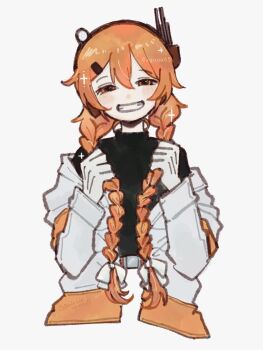 1girl a.i._voice adachi_rei alternate_hair_length alternate_hairstyle ayuuu65 belt bow commentary_request cropped_torso gloves grin hair_bow hair_ornament hairclip headphones highres holding holding_own_hair hood hood_down hooded_jacket jacket long_hair long_sleeves looking_at_viewer off_shoulder open_clothes open_jacket orange_eyes orange_hair smile solo utau