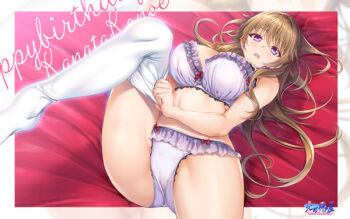 1girl artist_name artist_request bed blush bow bra breasts brown_hair female_focus frilled_bra frilled_panties frills hair_between_eyes hair_over_shoulder knee_up konoe_kanata leg_up long_hair looking_at_viewer love_live! love_live!_nijigasaki_high_school_idol_club medium_breasts on_bed panties parted_lips pull purple_eyes red_bow smile solo underwear white_legwear white_panties