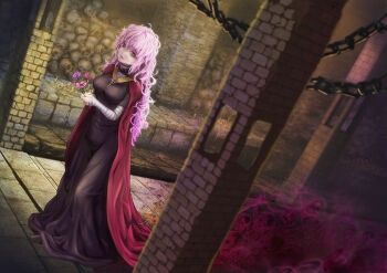 1girl aura bandaged_arm bandages black_dress chain cloak commentary_request commission dark_aura dress dungeon dys expressionless fantasy flower grey_eyes highres holding holding_flower long_hair nun original parted_lips pink_hair skeb_commission skeleton skull solo wavy_hair