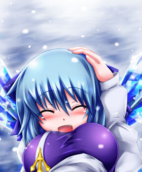 2girls bad_id bad_pixiv_id blush breasts cirno closed_eyes female_pov hug kemoyuri letty_whiterock lilyl0ve looking_down multiple_girls perfect_cherry_blossom pov pov_breasts pov_hug snow touhou