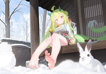 1girl absurdres barefoot commentary commission domado dragon_girl dragon_tail english_commentary feet food green_hair highres horns long_hair original rabbit sitting snow soles solo tail toes