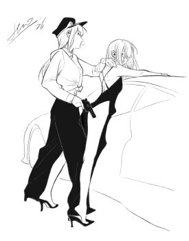 2girls against_object bang_dream! bang_dream!_it's_mygo!!!!! car dress greyscale gun hero45439083942 highres holding holding_gun holding_weapon long_sleeves monochrome motor_vehicle multiple_girls original pants shirt short_sleeves siblings simple_background sisters tied_shirt twins wakaba_ameha wakaba_wakaho weapon white_background