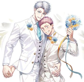 Rule 34 | 2boys, blue necktie, bouquet, bow, bowtie, collared shirt, commentary request, flower, formal clothes, gojou satoru, grin, height difference, holding, holding bouquet, holding hands, husband and husband, itadori yuuji, jacket, jujutsu kaisen, looking at viewer, male focus, multiple boys, nay bb, necktie, open clothes, open jacket, pants, pink hair, scar, scar on face, scar on mouth, shirt, smile, suit, suit jacket, undercut, vest, white hair, white pants, white shirt, white suit, yaoi, yellow bow, yellow bowtie