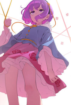 1girl black_hairband blue_shirt buttons commentary_request floral_print frilled_skirt frilled_sleeves frills from_below hair_ornament hair_over_mouth hairband heart heart_button heart_hair_ornament highres kanpa_(campagne_9) komeiji_satori long_sleeves looking_ahead motion_blur pink_eyes pink_hair pink_skirt power_item_(touhou) rose_print shirt short_hair simple_background skirt solo standing touhou white_background wide_sleeves