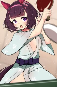 Rule 34 | 1girl, akizuki shigure, alternate costume, animal ears, ball, black hair, blush, commentary request, ear covers, flat chest, hairband, highres, holding, holding table tennis paddle, horse ears, horse girl, horse tail, japanese clothes, kimono, motion lines, nishino flower (umamusume), open mouth, paddle, pink hairband, purple eyes, short hair, solo, table tennis, table tennis ball, table tennis paddle, tail, thighs, umamusume, yukata